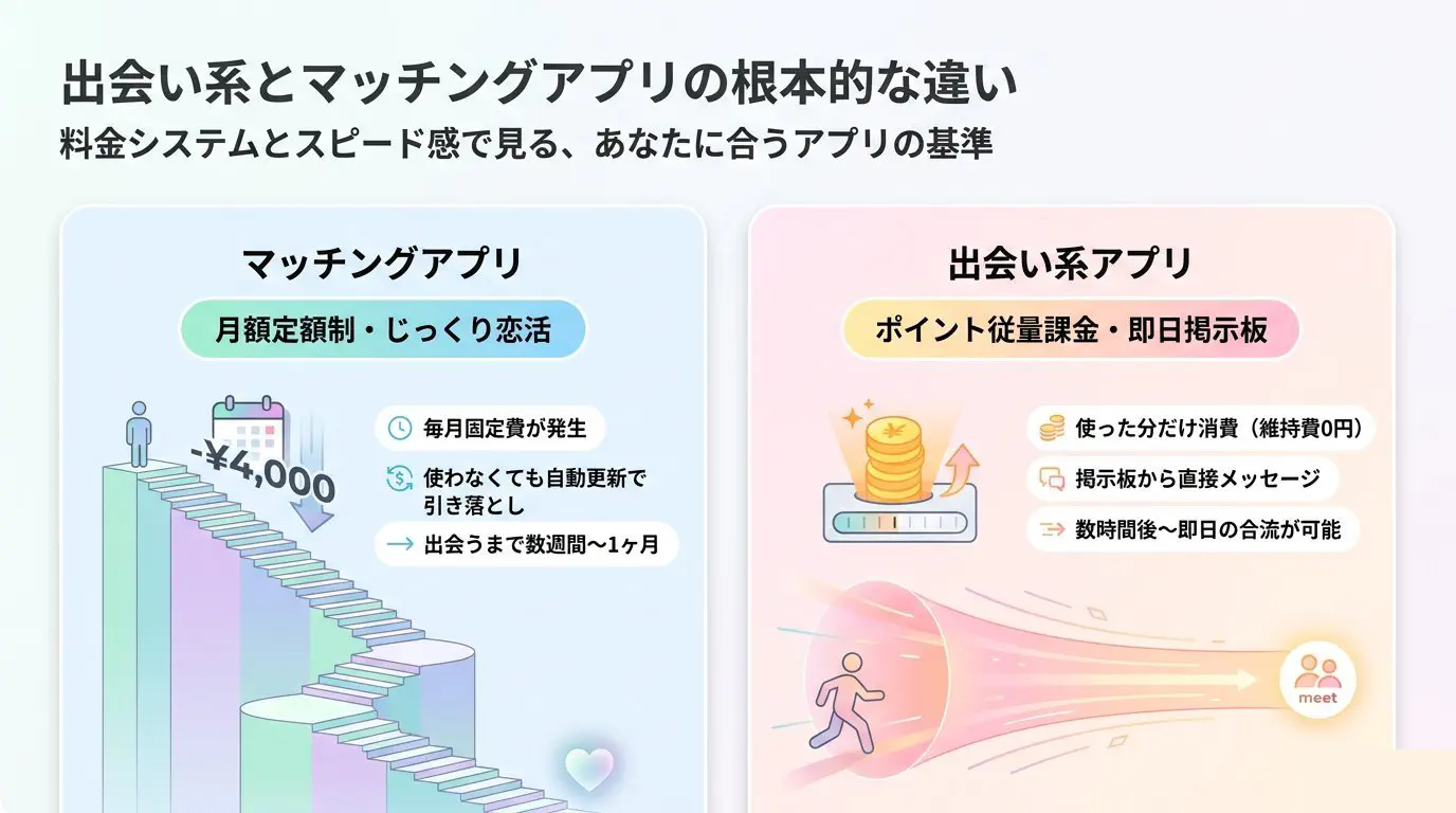 出会い系アプリとマッチングアプリの料金・出会うまでのスピード感・目的の違いを比較したインフォグラフィック