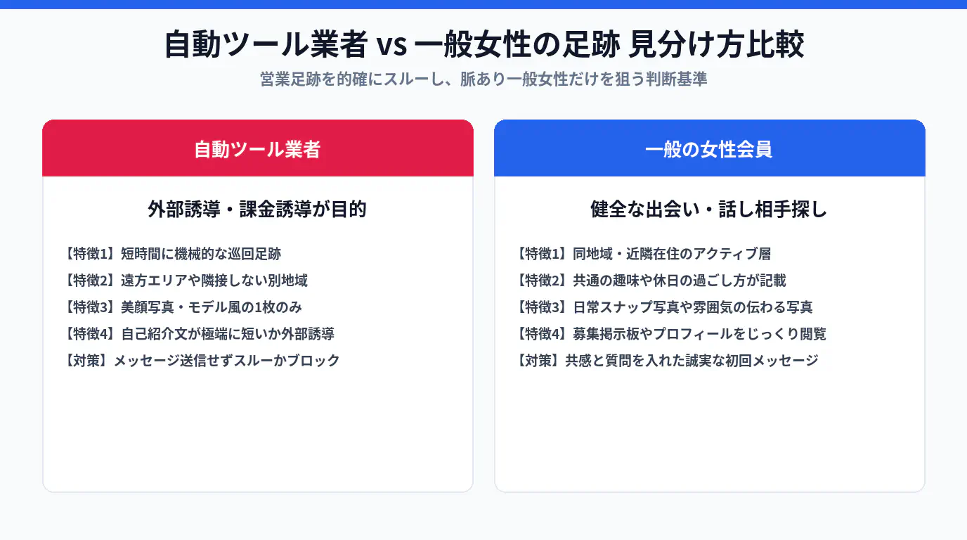 自動ツール業者の足跡と一般女性の足跡を見分ける比較基準