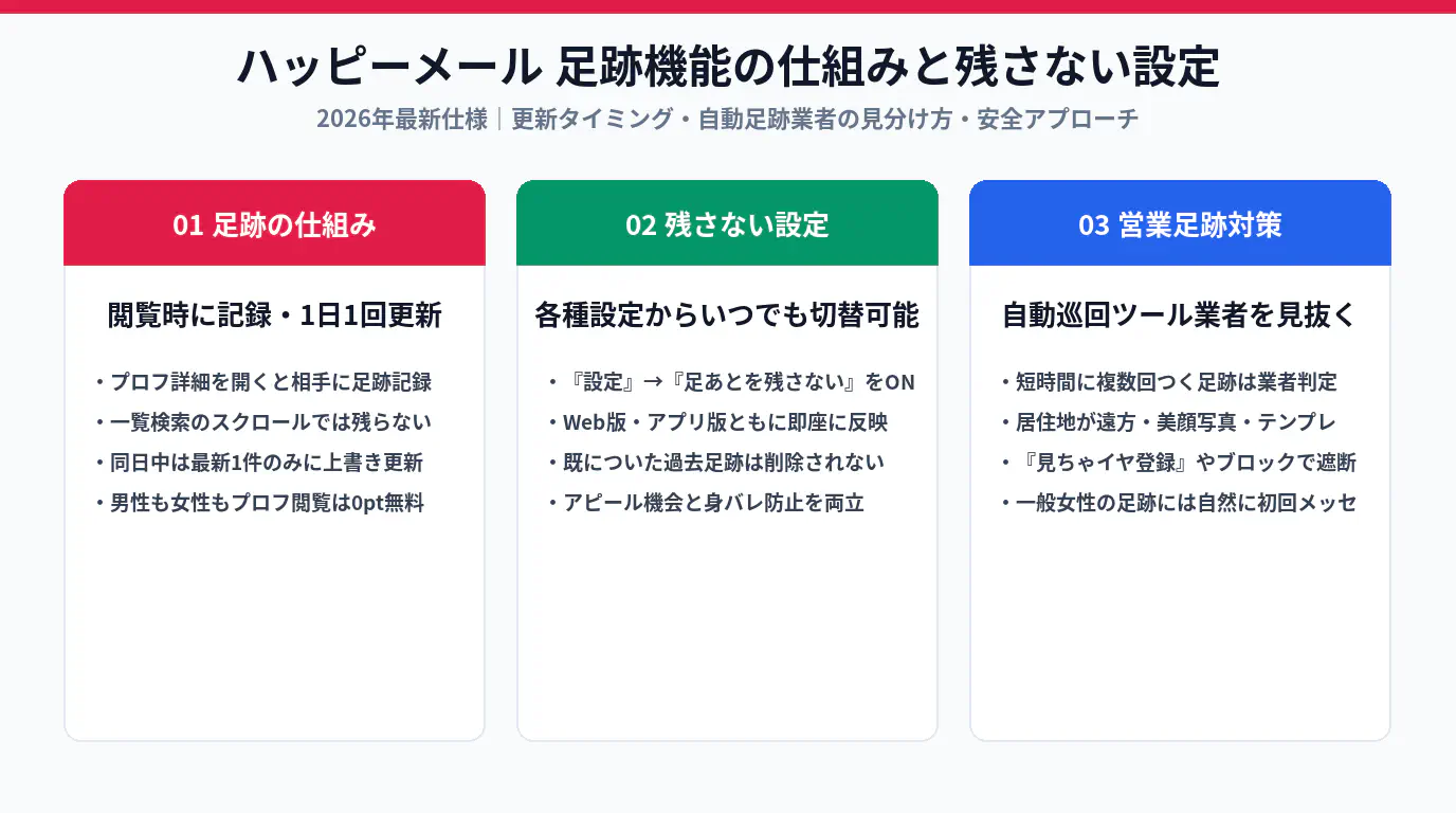 ハッピーメールの足跡機能の仕組みと残さない設定手順や営業足跡の見分け方