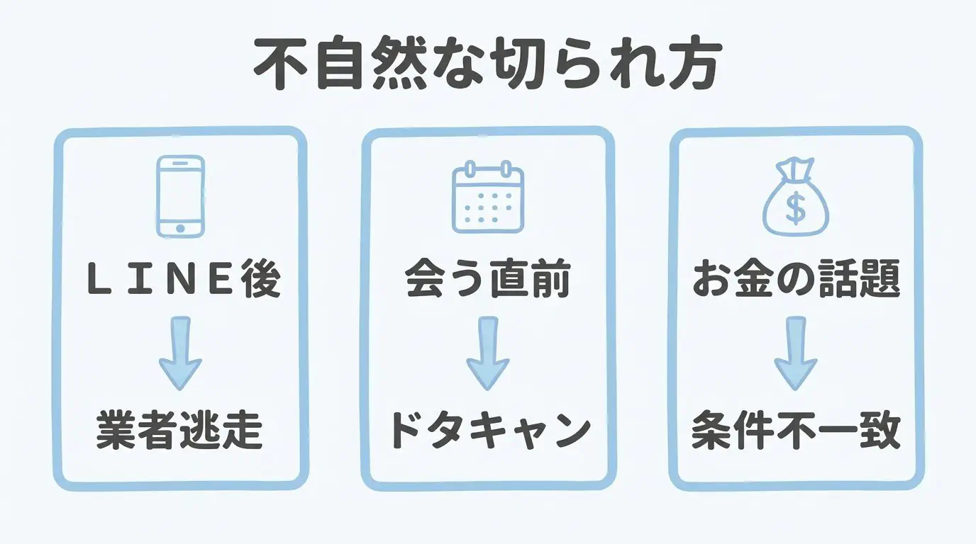 【図解】LINE交換直後・会う直前にブロックする悪質業者とドタキャン逃走の手口