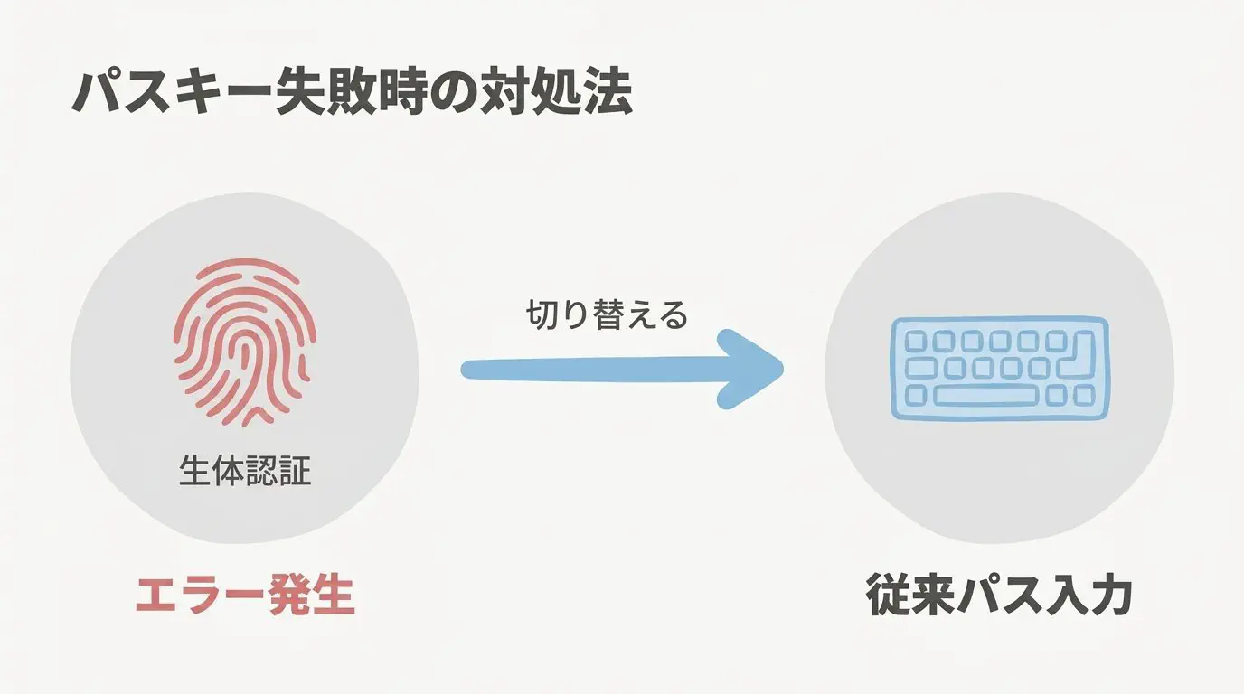 【図解】パスキー認証エラーと従来ログインへの切り替え手順