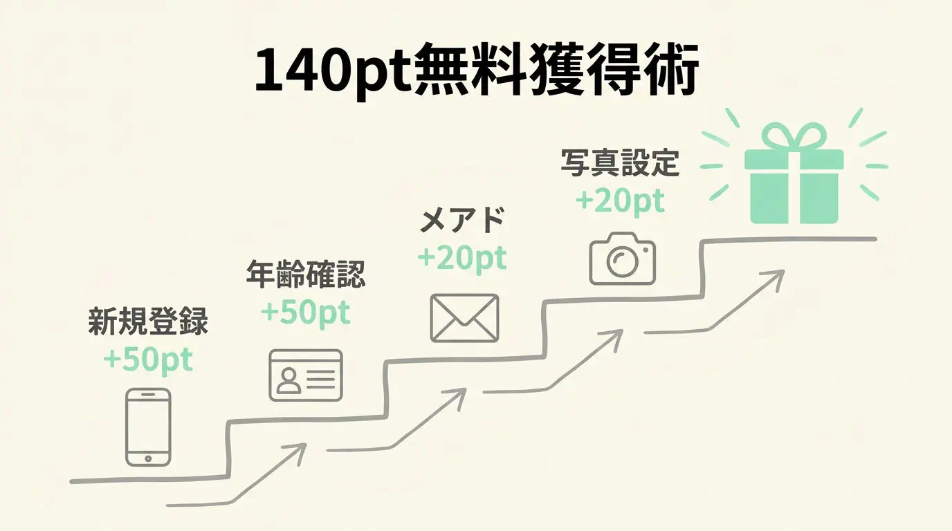 ハッピーメールの無料ポイント獲得フロー（新規登録50pt・年齢確認50pt・メアド20pt・プロフ画像20ptで最大140pt）