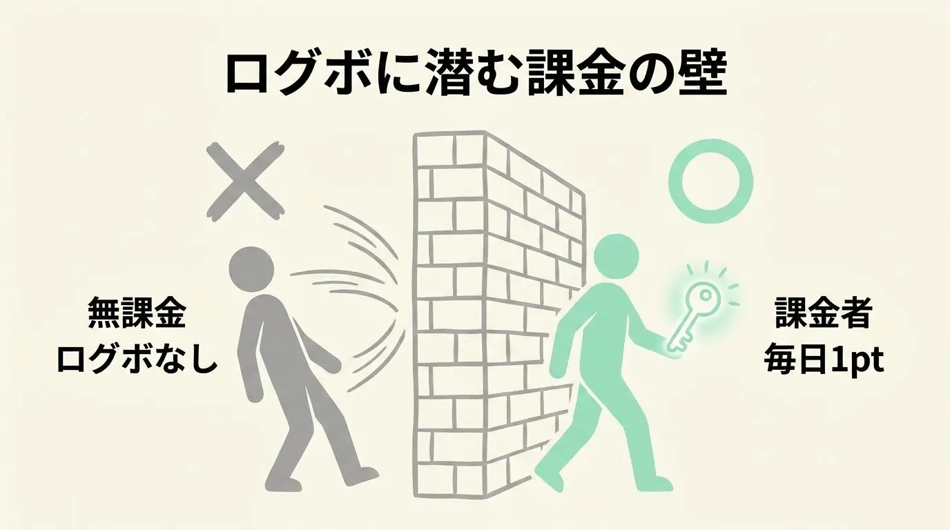 アプリ版ログインボーナスの条件と過去課金実績の壁の解説図