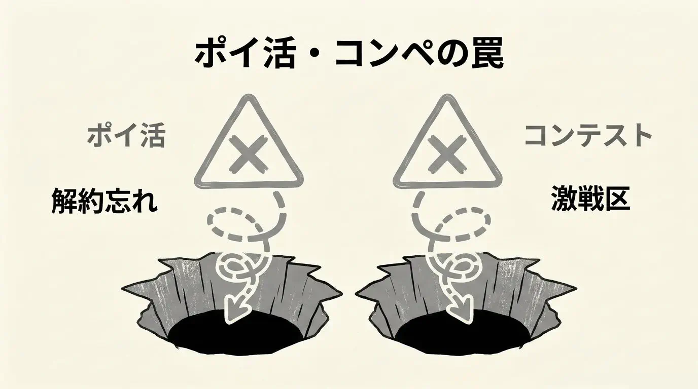 ハピスポ・写真コンテスト・友達紹介の難易度と注意点の比較図