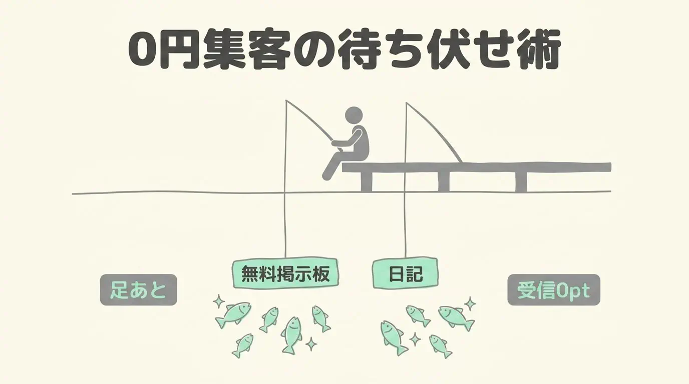 1日1回無料の募集掲示板とハッピー日記を活用した0pt集客モデルの仕組み図