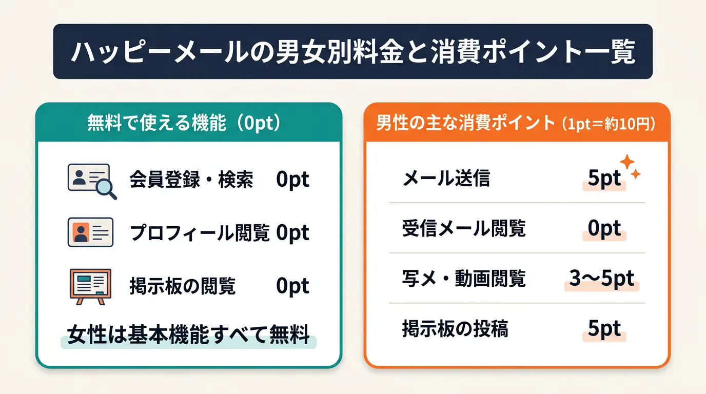 ハッピーメールの男女別料金と機能別の消費ポイント一覧