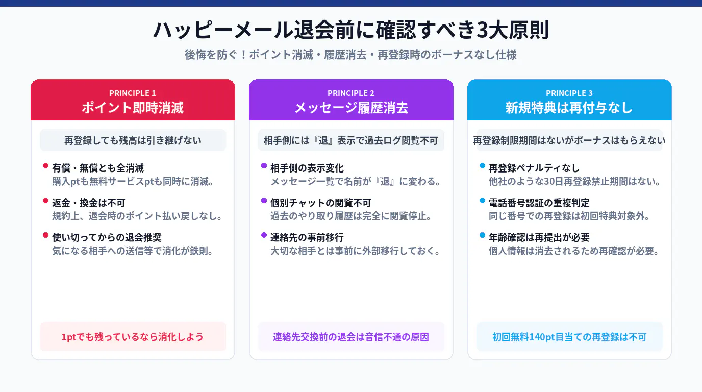 ハッピーメール退会前に確認すべき3大原則（ポイント即時消滅・メッセージ履歴消去・新規特典なし）