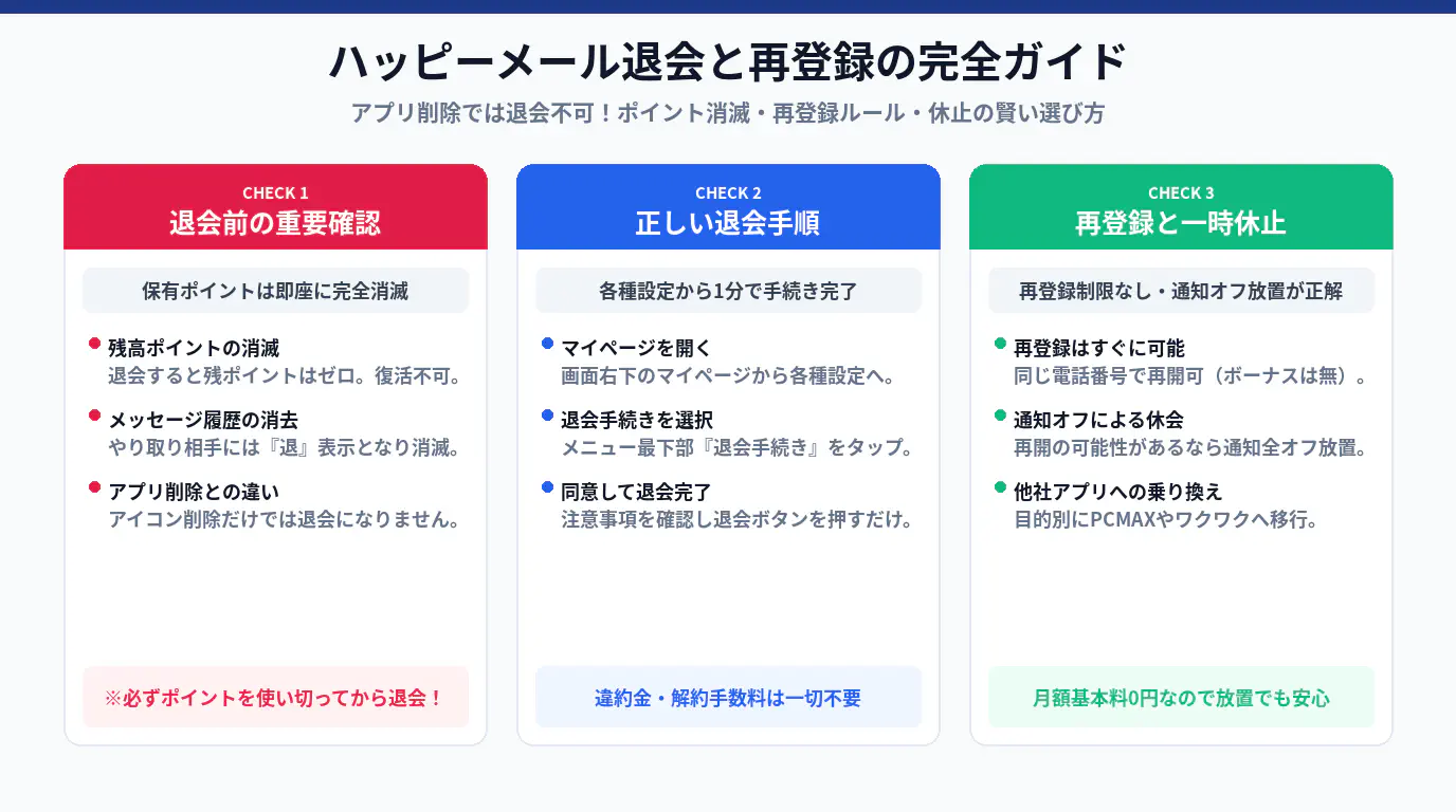 ハッピーメールの退会方法と再登録の注意点やポイント消滅の仕組みを解説