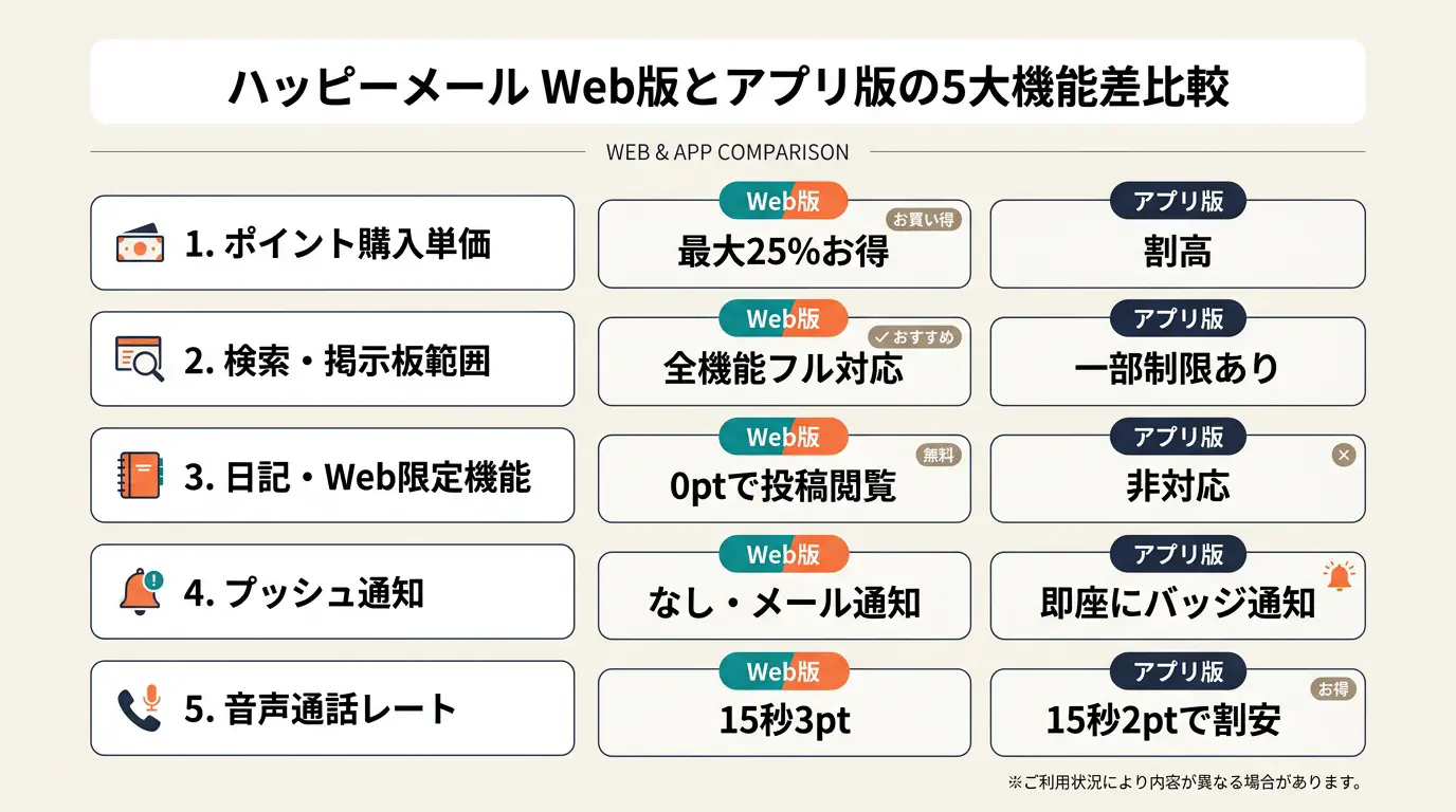 ハッピーメール Web版とアプリ版の5大機能差比較