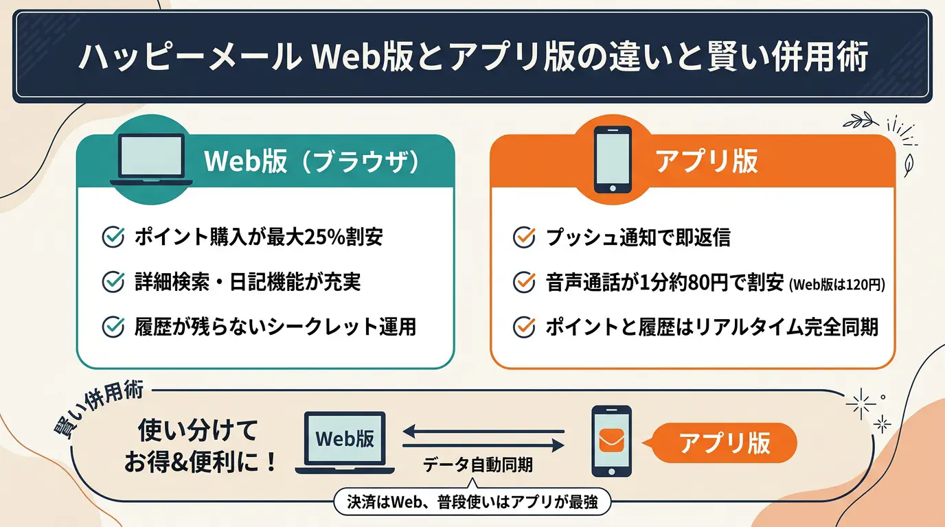 ハッピーメールのWeb版とアプリ版の違いや併用時のポイント合算と設定手順
