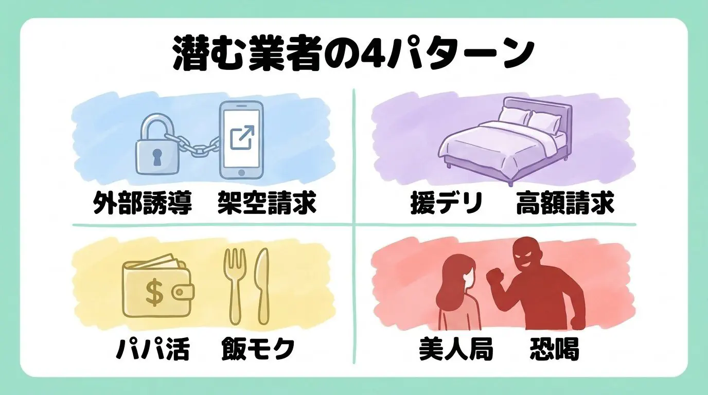 イククルに潜む業者の4大悪質手口（外部誘導・援デリ・パパ活・美人局）