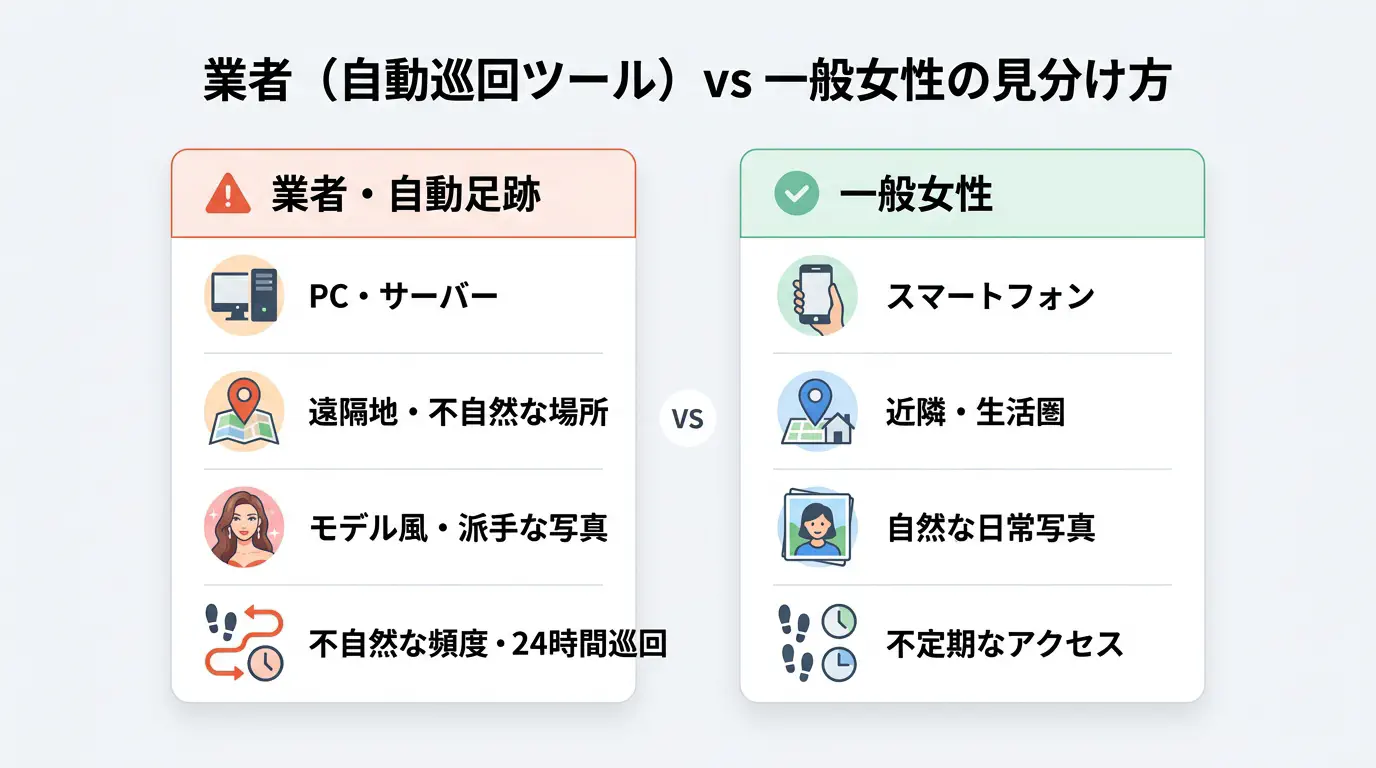 業者（自動巡回ツール）と一般女性の見分け方比較