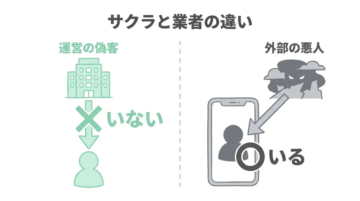 サクラと業者の違い（運営の偽客と外部の悪人）