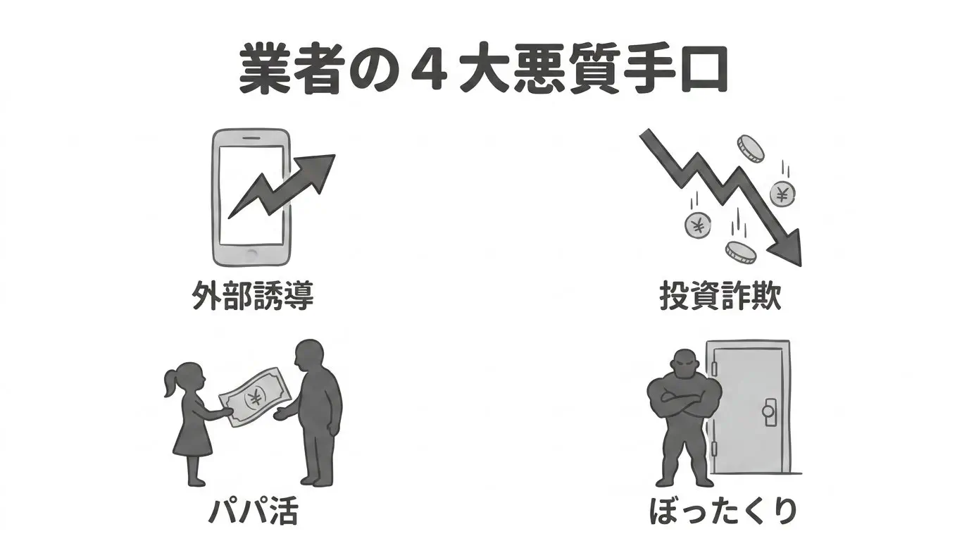 業者の4大悪質手口（外部誘導・投資詐欺・パパ活・ぼったくり）
