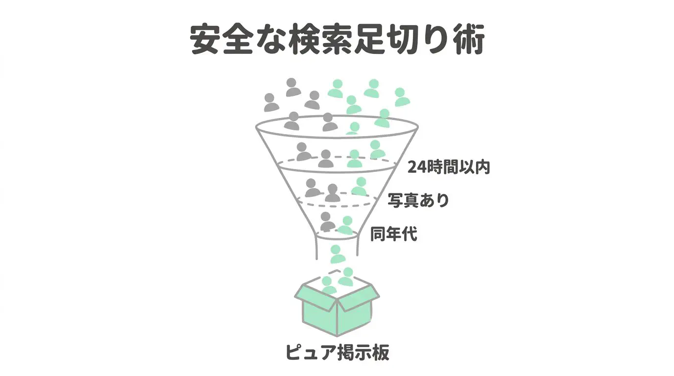安全な検索足切り術（ピュア掲示板・24時間以内・写真あり・同年代）