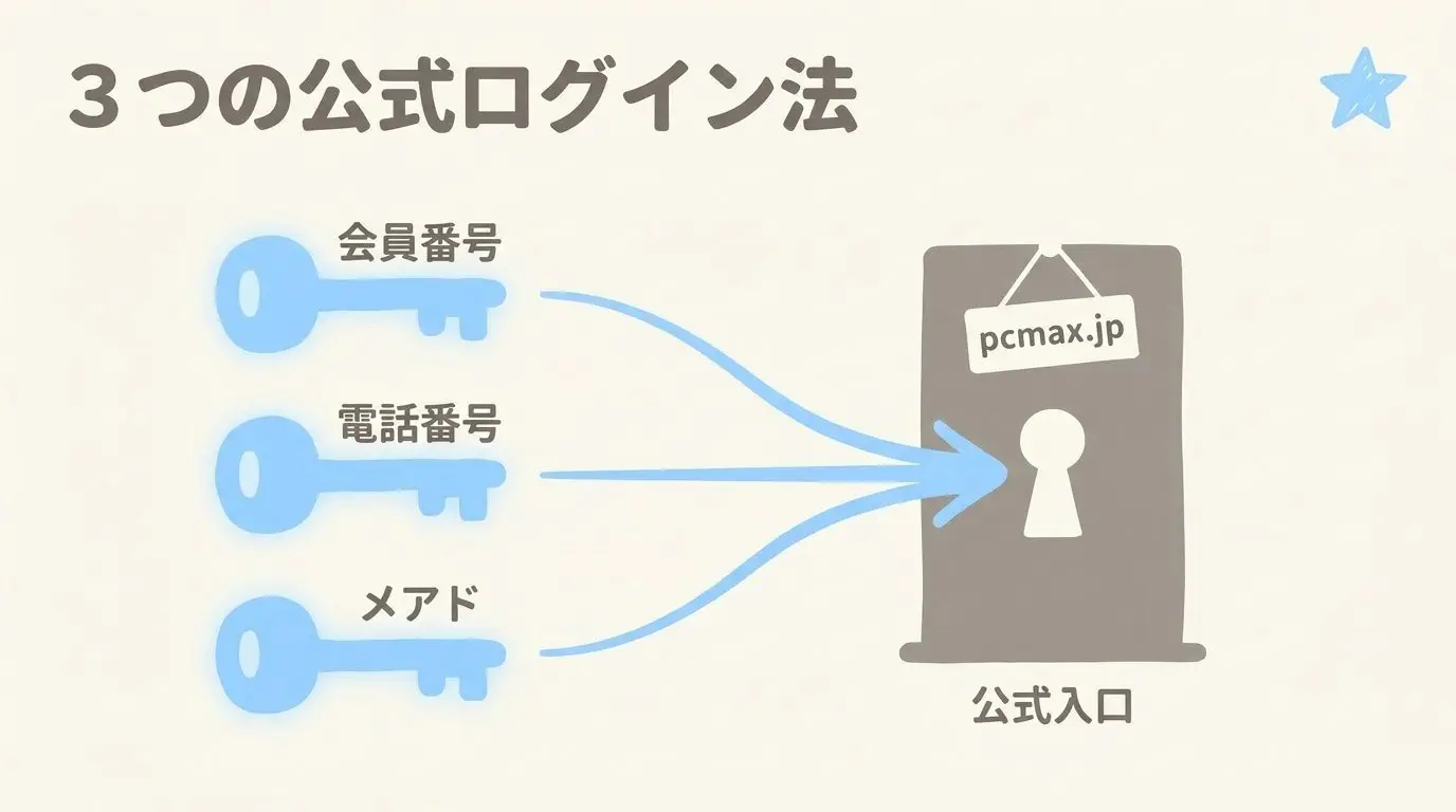 公式ログインURLと3種類のログイン情報入力の流れ