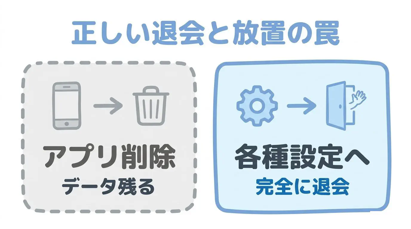 PCMAXの完全退会手順とアプリ削除放置の危険性フロー