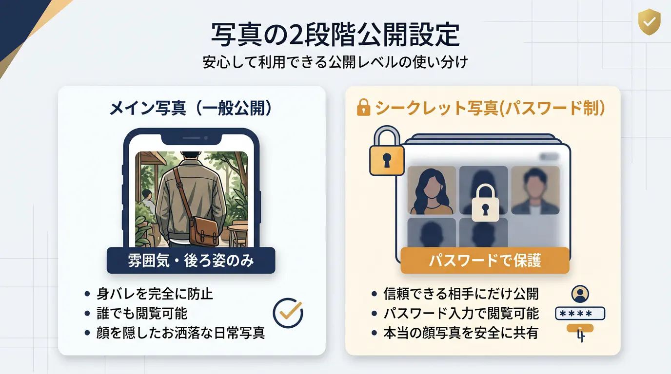 写真の2段階公開設定（メイン写真の雰囲気公開 vs シークレット写真の鍵付き保護）