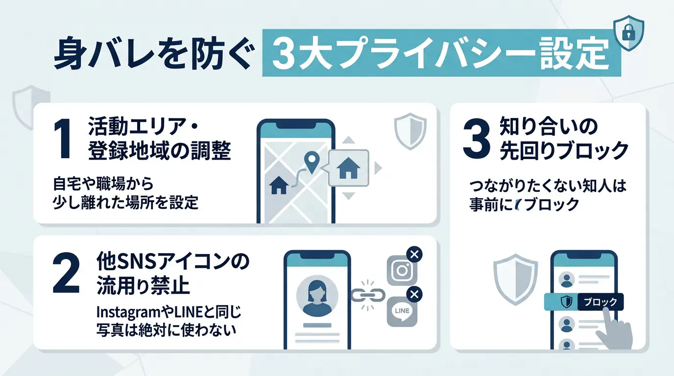 身バレを防ぐ3大プライバシー設定（活動エリア調整・他SNS流用禁止・先回りブロック）