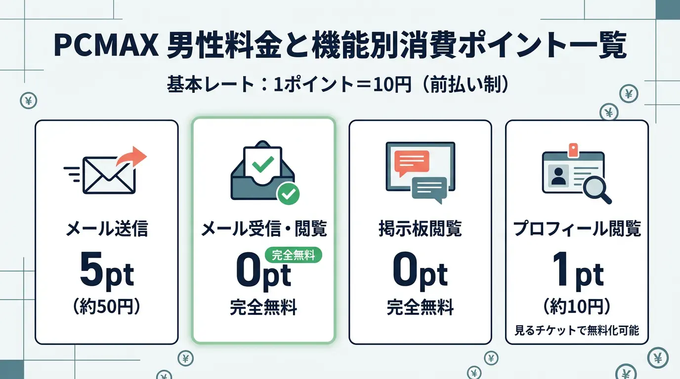 PCMAXの男性料金システムと機能別消費ポイント一覧表
