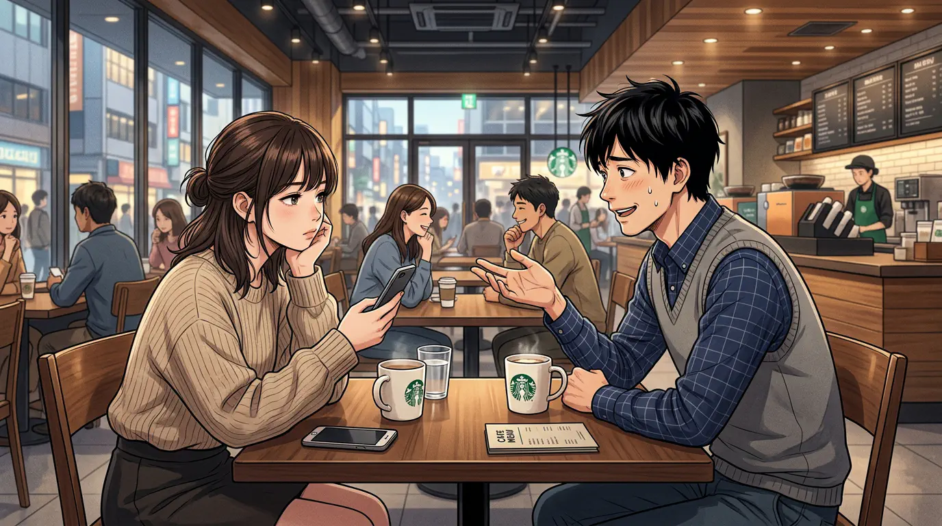 スタバで気まずい初デートの男女
