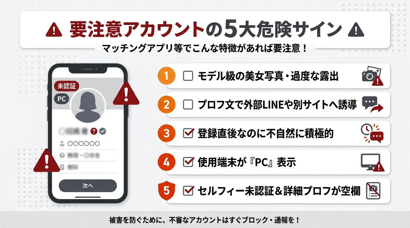 要注意アカウントの5大危険サイン（チェックリストと警告UI）