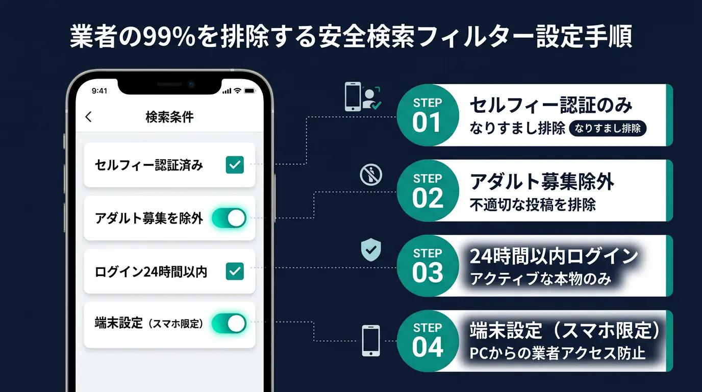 業者の99%を排除する安全検索フィルター設定手順（UIステップ図）