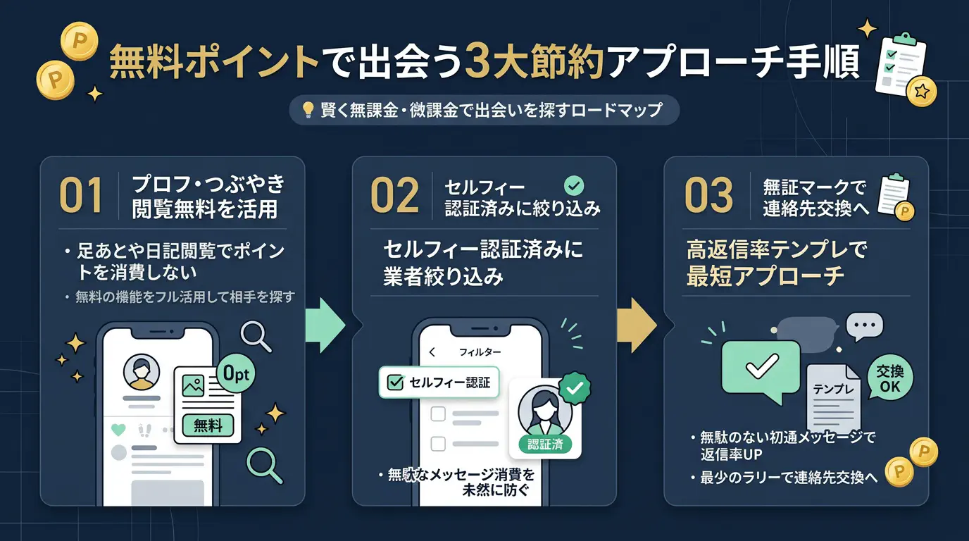 無料ポイントで出会う3大節約アプローチ手順（フロー図）
