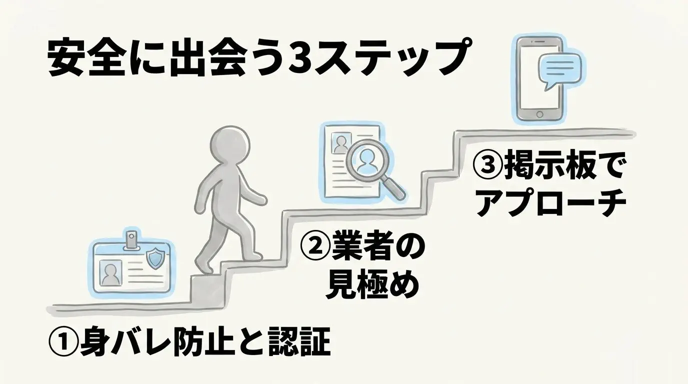 身バレ防止と本人認証、業者の見極め、掲示板でのアプローチという安全に出会うための3ステップを階段で示した図解