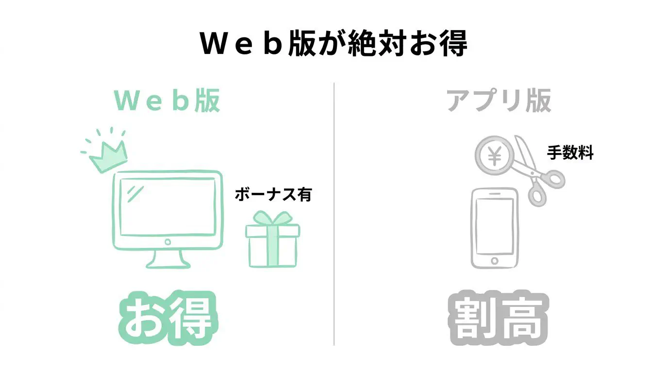 Webブラウザ決済とアプリ内課金の手数料・ボーナスpt格差比較