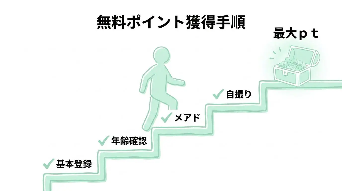 初回無料ポイント最大120pt＋セルフィー認証の獲得フロー図