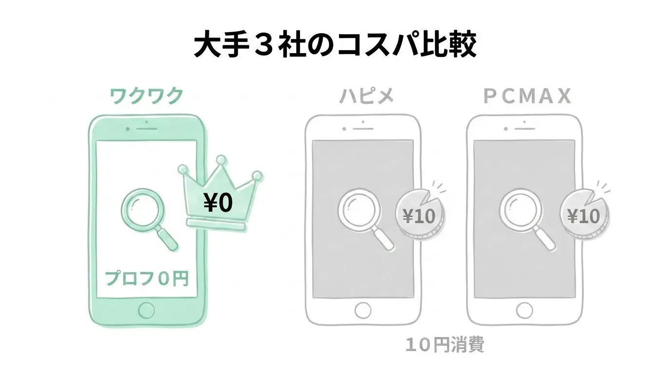 3大出会い系（ワクワク・ハピメ・PCMAX）の料金・プロフ閲覧コスト比較