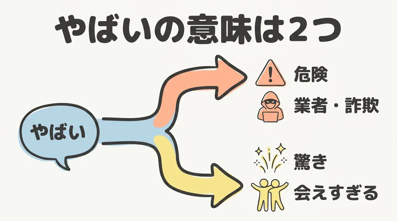「やばい」という言葉が「危険」と「驚き」の2方向に分かれることを示した図解