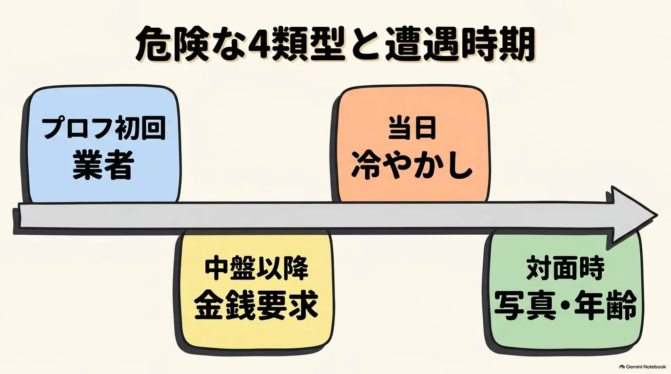 業者・冷やかし・年齢詐称・金銭要求の4類型と、それぞれどの段階で気づけるかを対応づけた図解