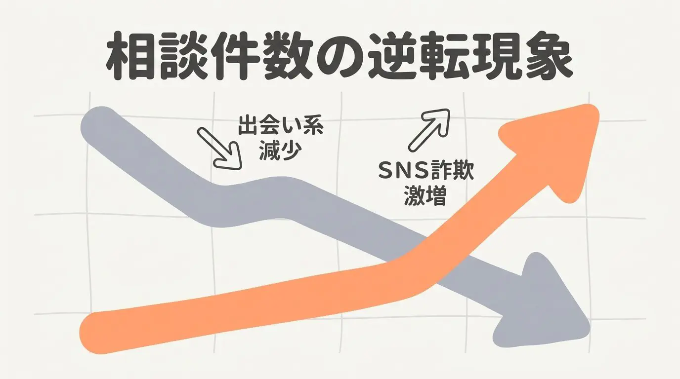 出会い系サイトの相談件数の推移とSNS型ロマンス詐欺の件数を対比させたグラフ