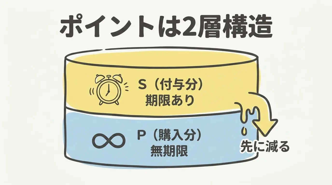 PとSの二層構造と、決済手段によって実効単価が変わることを示した図解