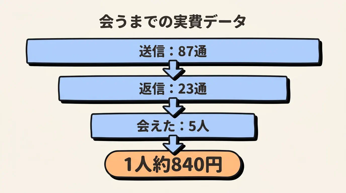 30日で送信87通から返信23通、実際に会えた5人へと絞り込まれ、1アポあたり約840円になることを示したファネル図