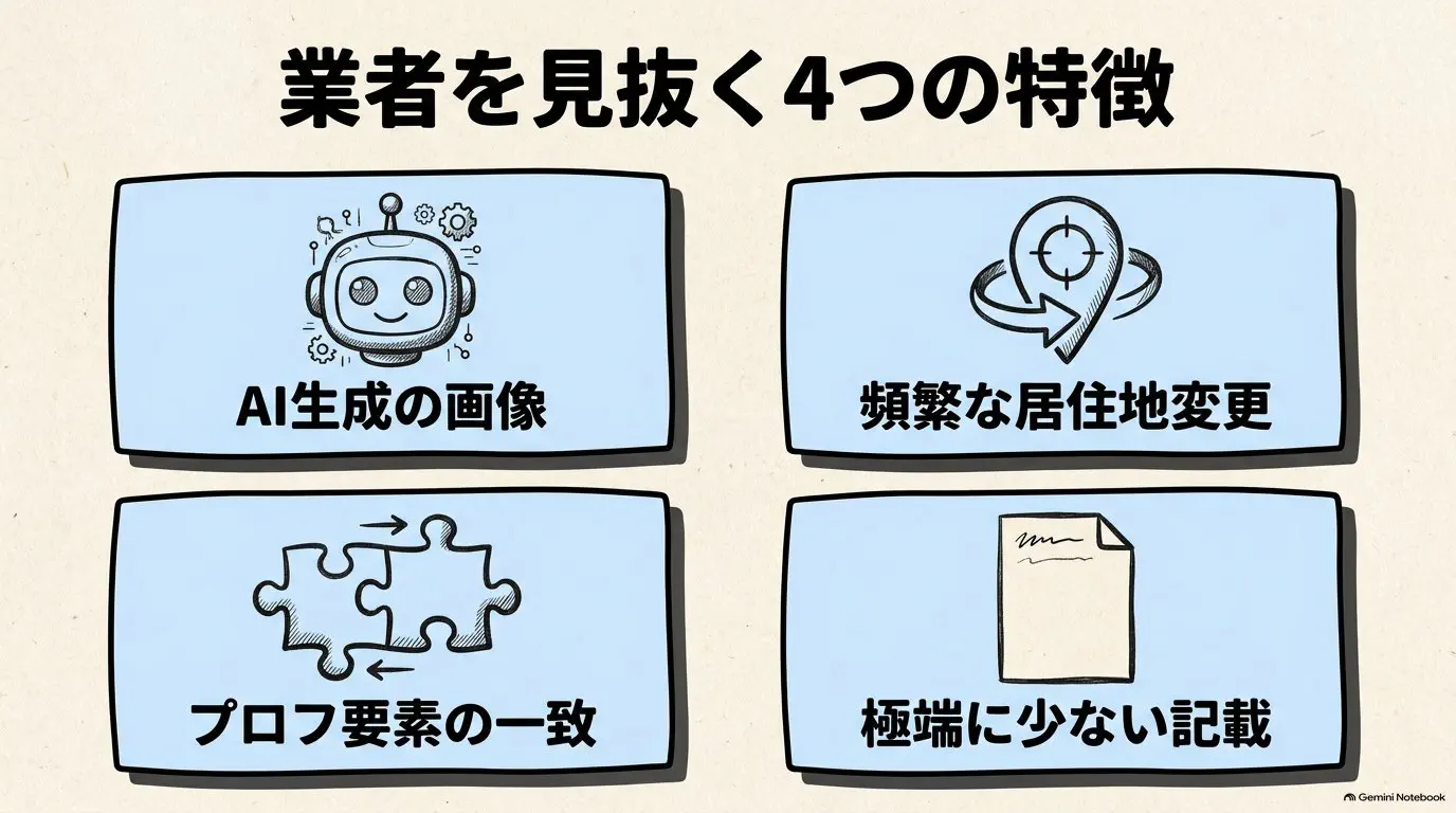 AI生成らしい画像・居住地の頻繁な変更・要素の組み合わせの一致・記載の少なさという業者の目印を並べたチェック図