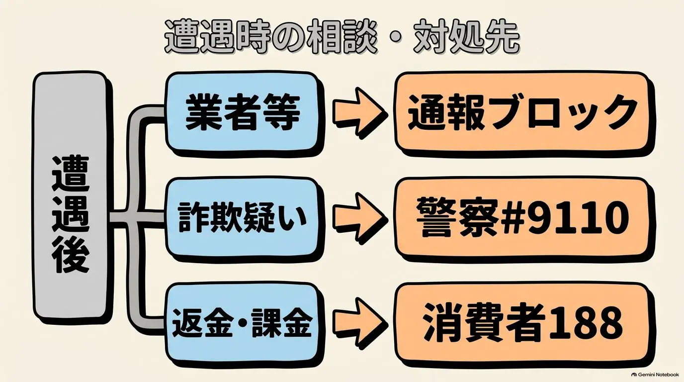 業者や冷やかしなら通報とブロック、金銭を送ったなら警察相談専用電話#9110、課金の相談なら消費者ホットライン188へと分岐する対処フロー図