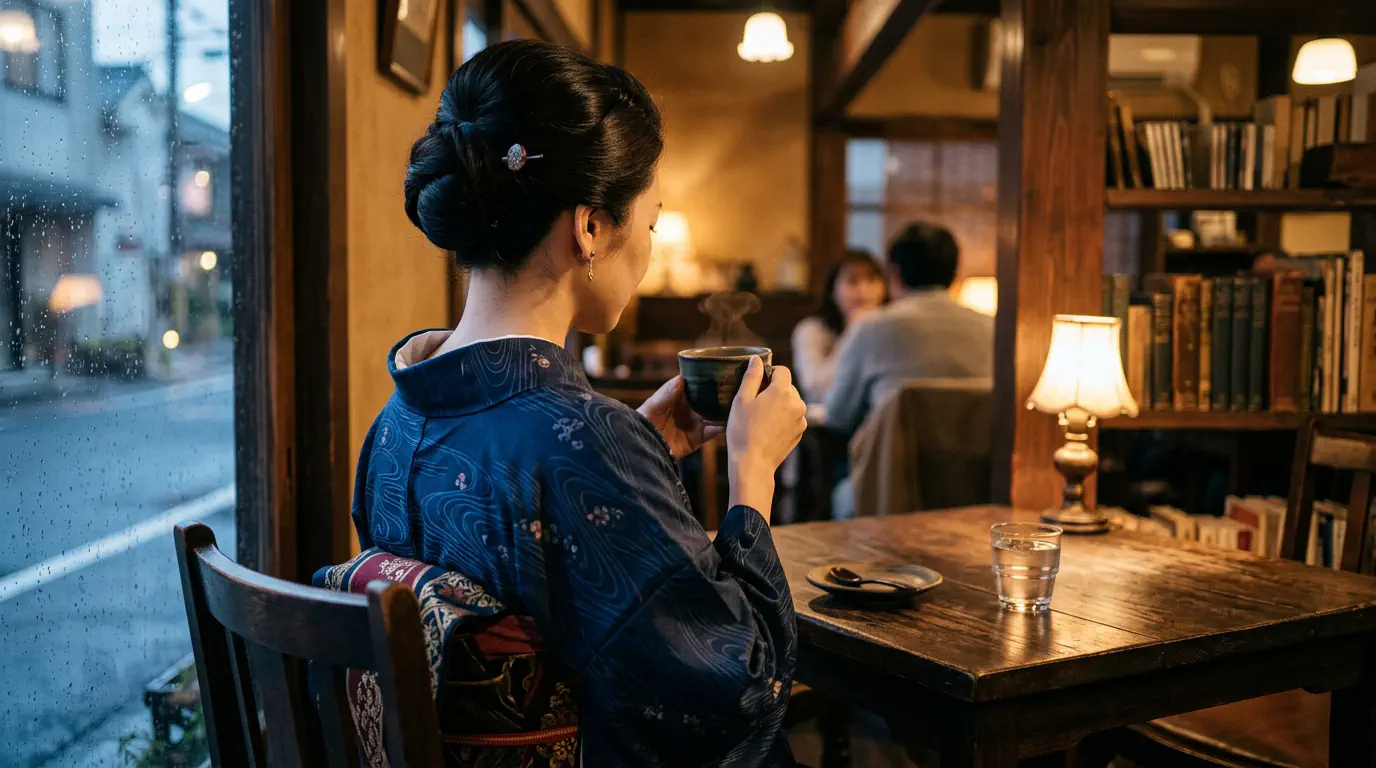 落ち着いたカフェに似合う美しい着物姿。綺麗な髪の結い目とうなじに品と色気が漂う