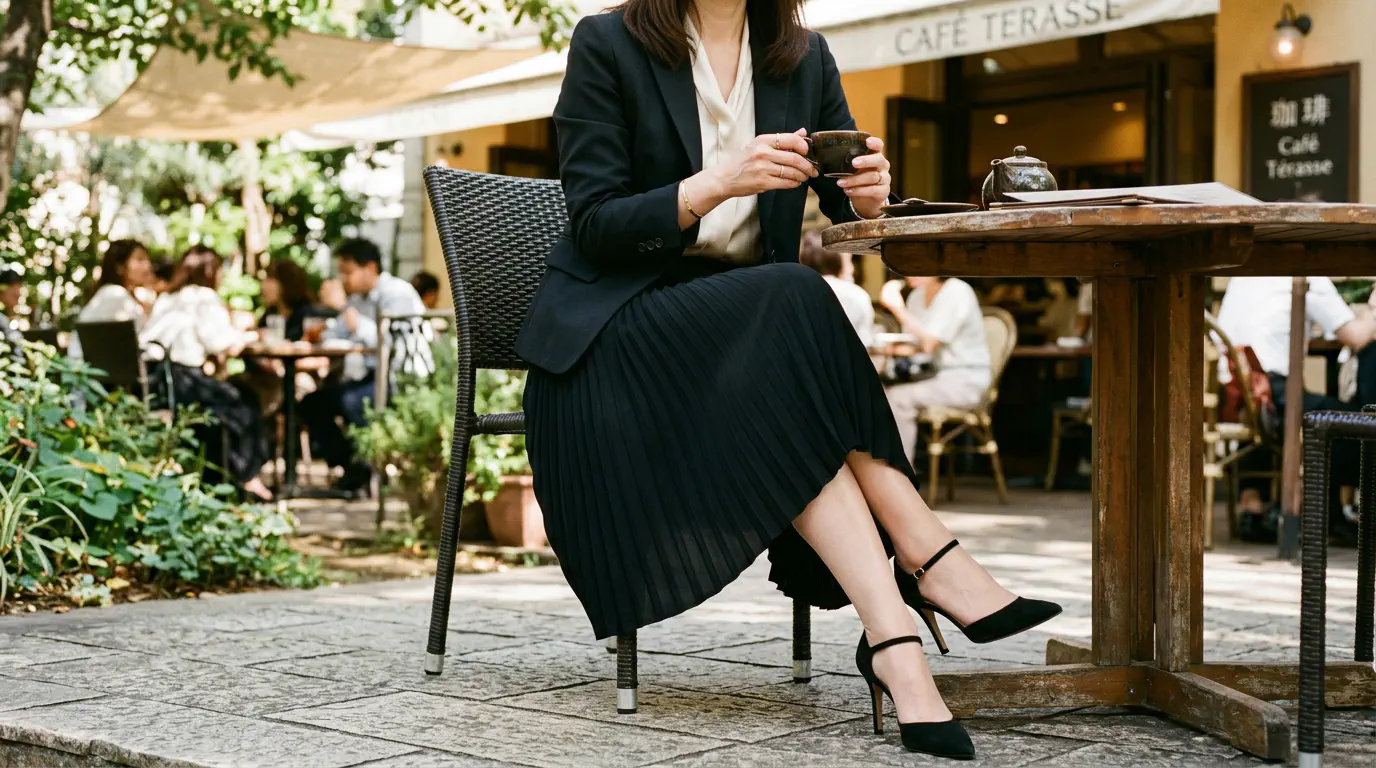 落ち着いたカフェテラスでの初対面。上品なスカートと細身で美しい脚のラインが目を引く