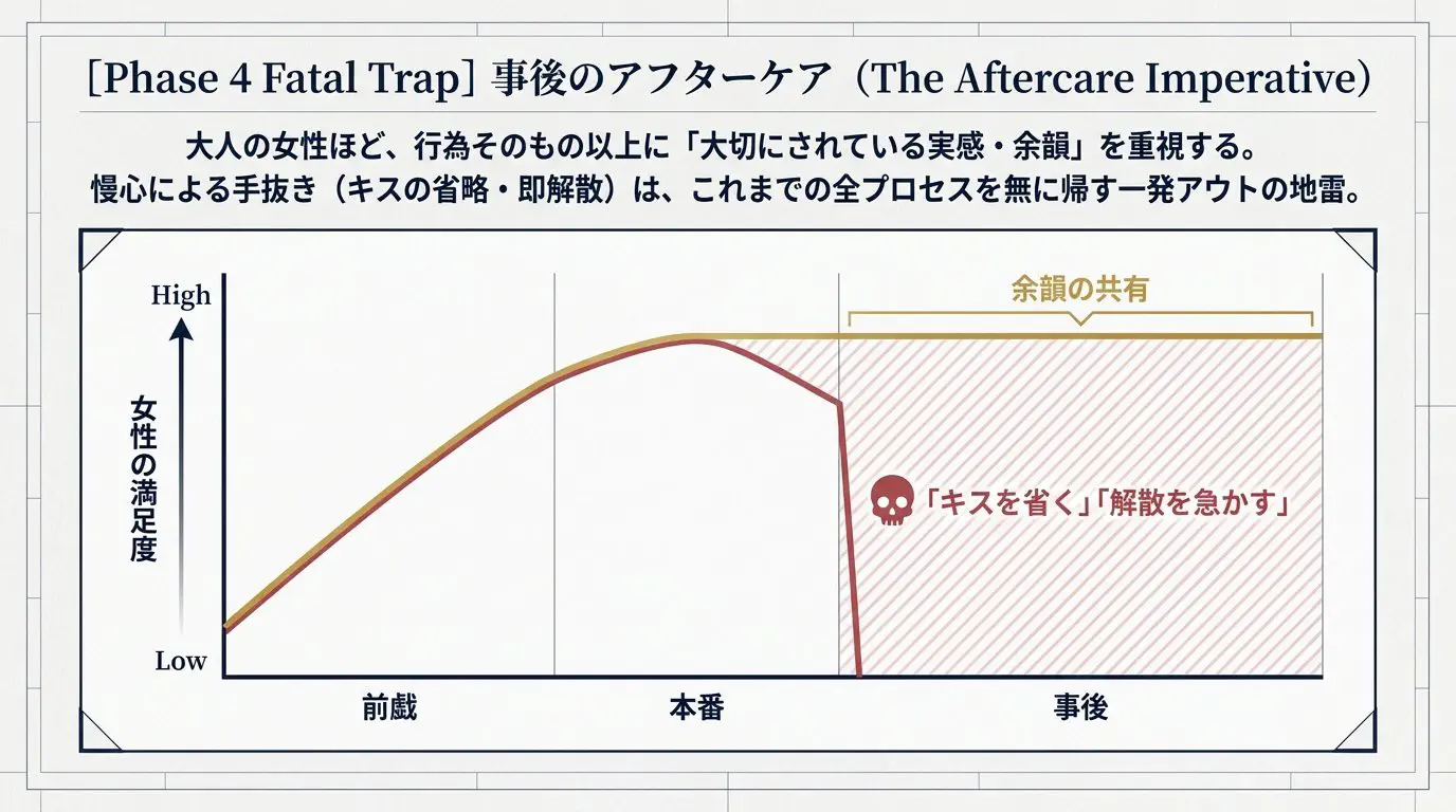 戦術分析スライド：事後のアフターケアの鉄則（キスの省略・即解散による事後満足度の急落マップ）