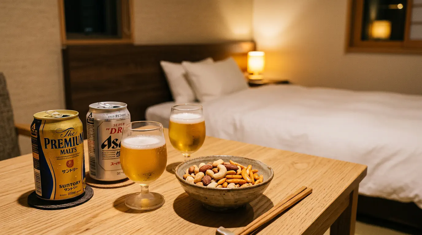 ホテルに入室後、ベッド脇にお酒とおつまみを広げてリラックス。まずは緊張をほぐす