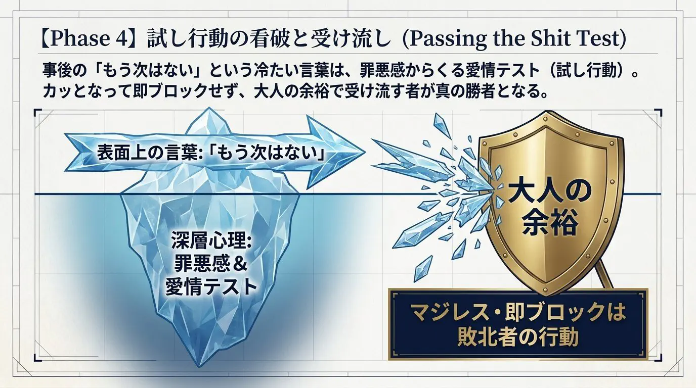 戦術分析スライド：試し行動の看破と受け流し（「もう次はない」の裏にある深層心理と大人の余裕）