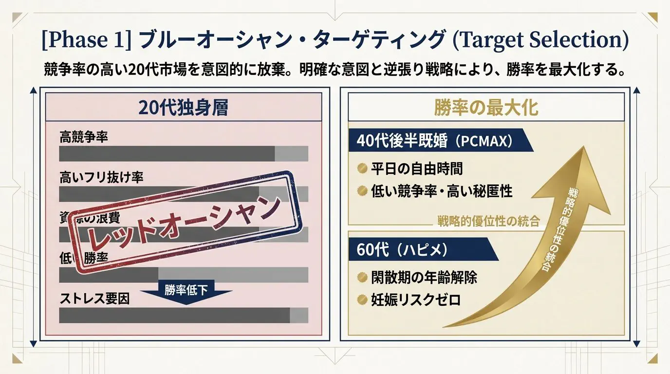 戦術分析スライド：ブルーオーシャン・ターゲティング（20代レッドオーシャンを意図的に放棄し勝率を最大化する逆張り戦略）