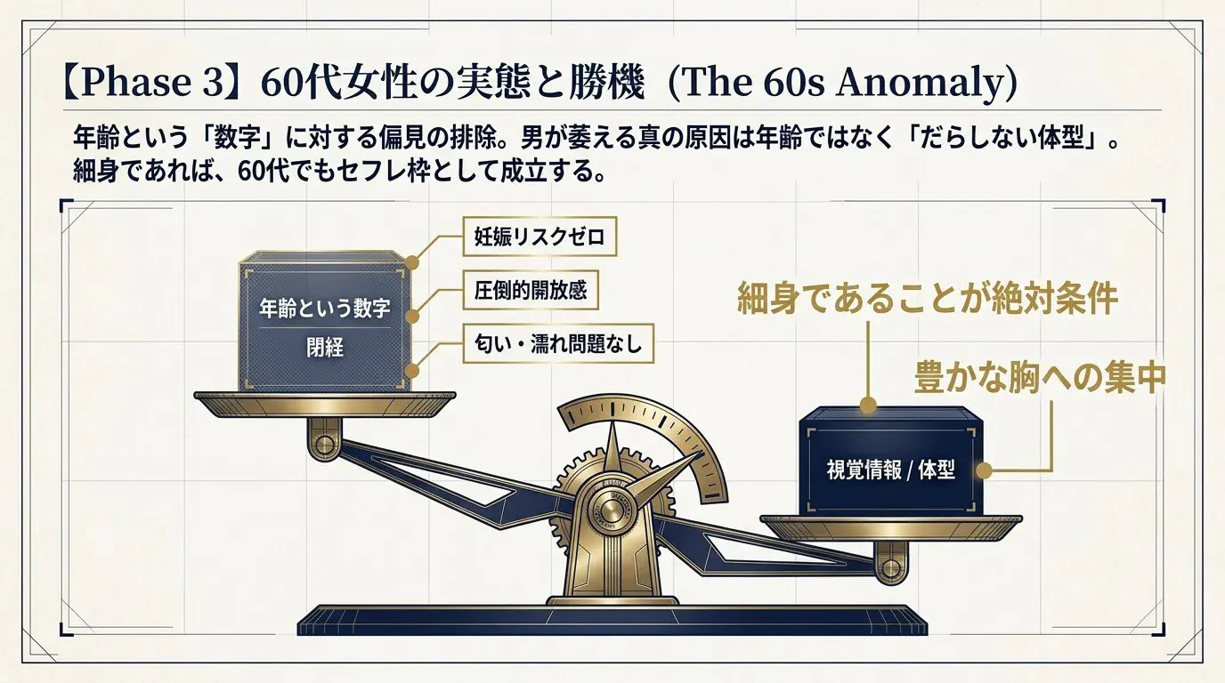戦術分析スライド：60代女性の実態と勝機（年齢という数字の偏見打破と体型維持の絶対条件）