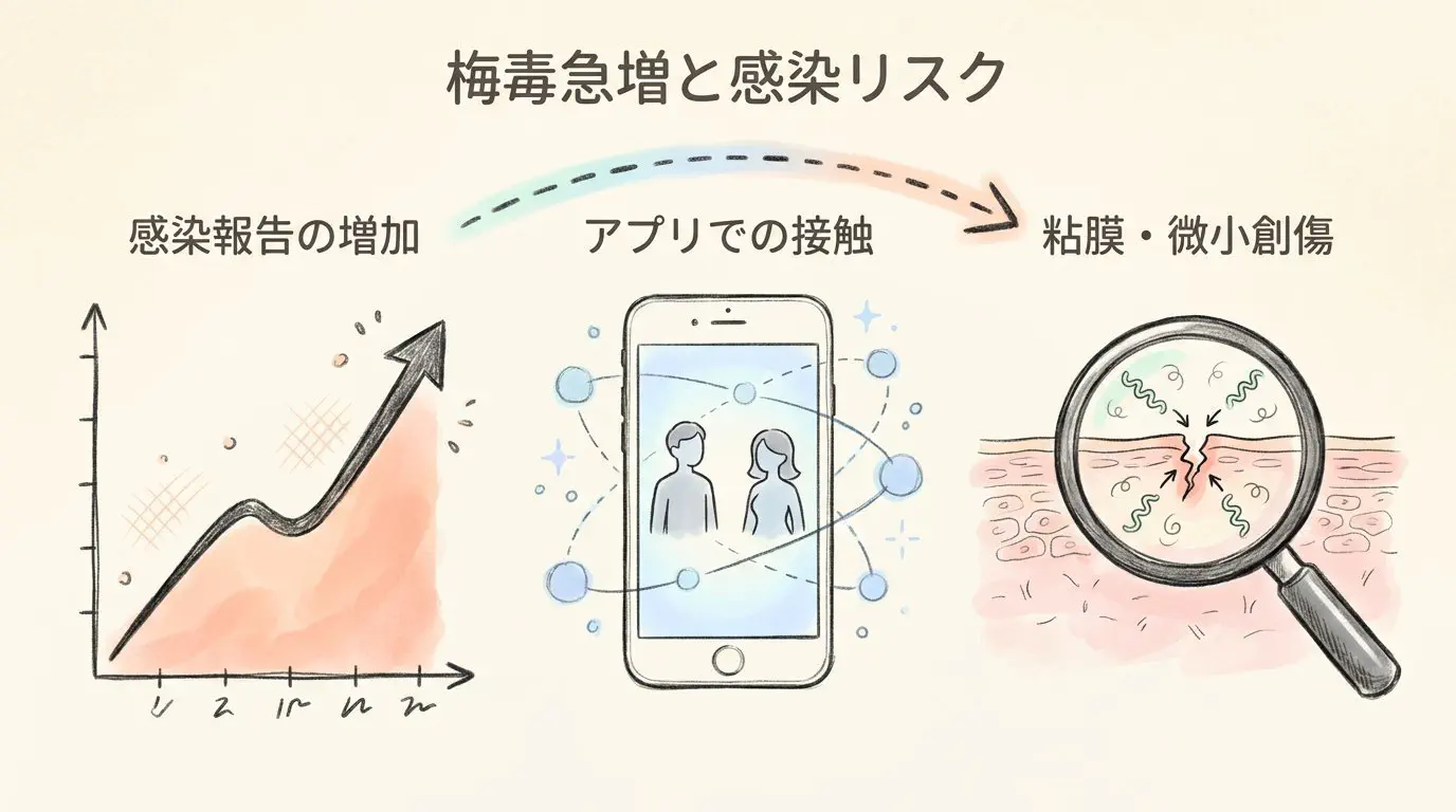 メディアの梅毒流行報道と出会い系利用者の感染リスク模式図