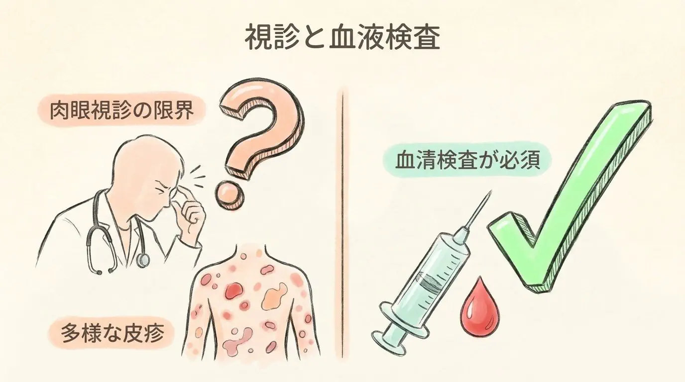 泌尿器科での視診と血液検査の必要性を描いた比較図
