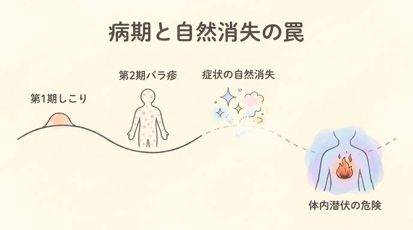 梅毒の病期別進行と自然消失の罠を示すタイムライン図